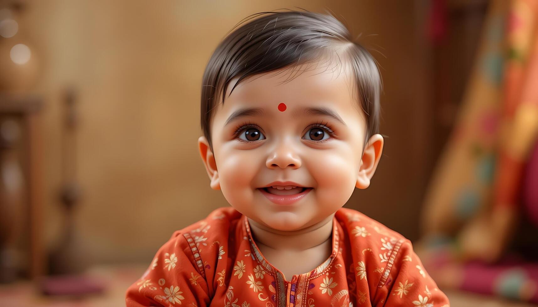 A baby smiling while sitting on a floor photo