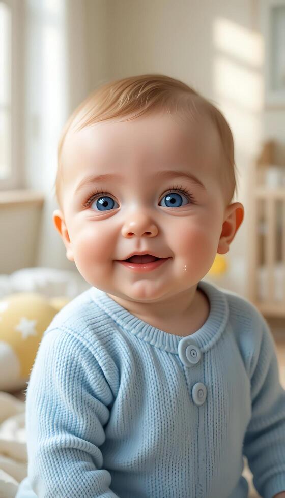 Smiling Baby in Light Blue Outfit, Soft and Gentle Portrait photo