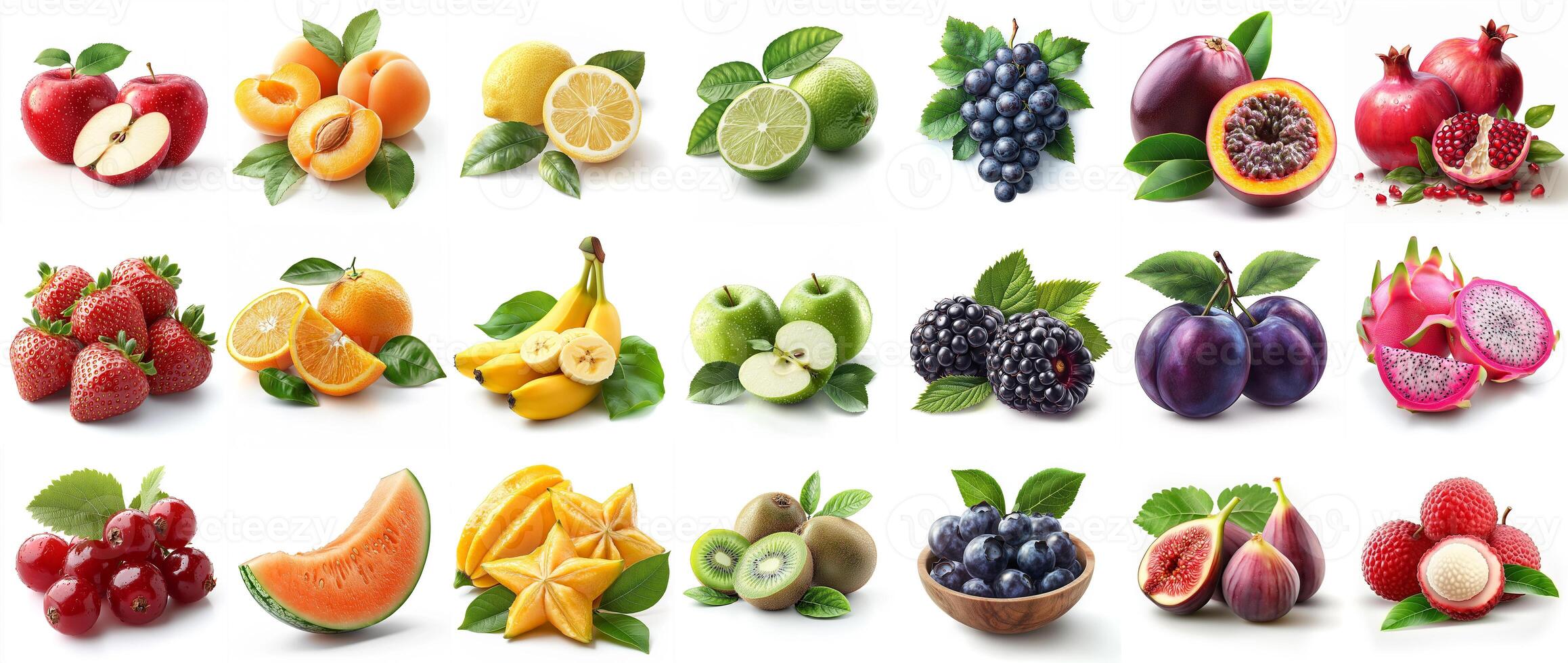 huge set collection row of colorful fruits in order of color or rainbow spectrum isolated white background. big collage of healthy food ingredients photo