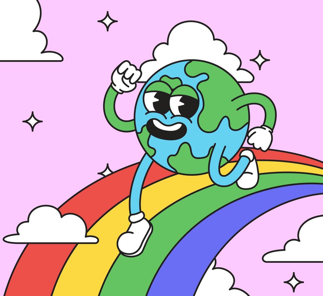 Happy earth running on a rainbow vector