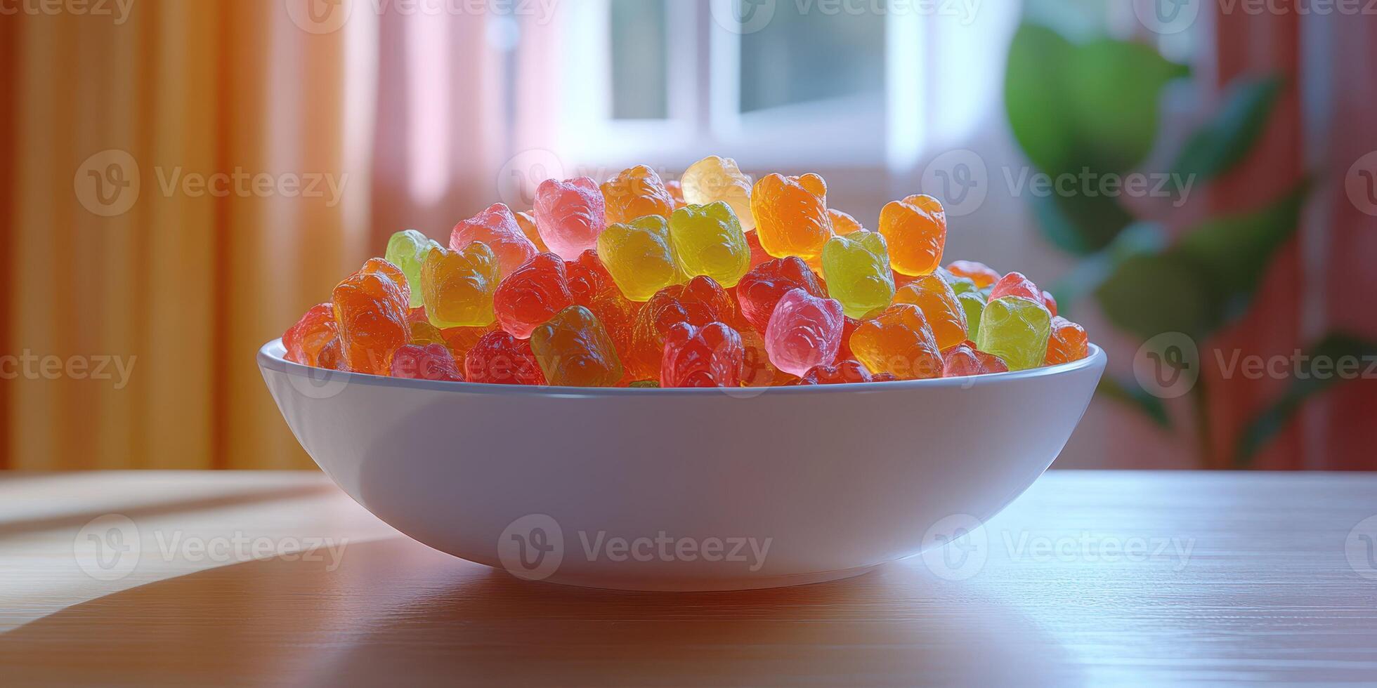 Vivid assortment of colorful gummy candies displayed in a bowl on a wooden table in a sunlit room photo