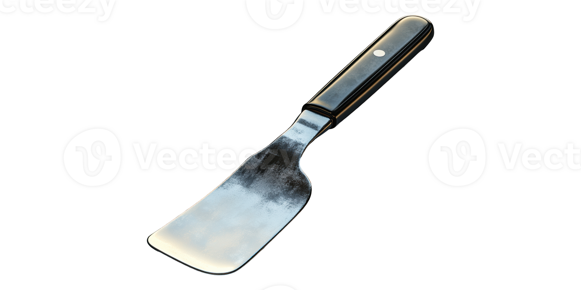 Metal kitchen spatula with black handle isolated on transparent background png