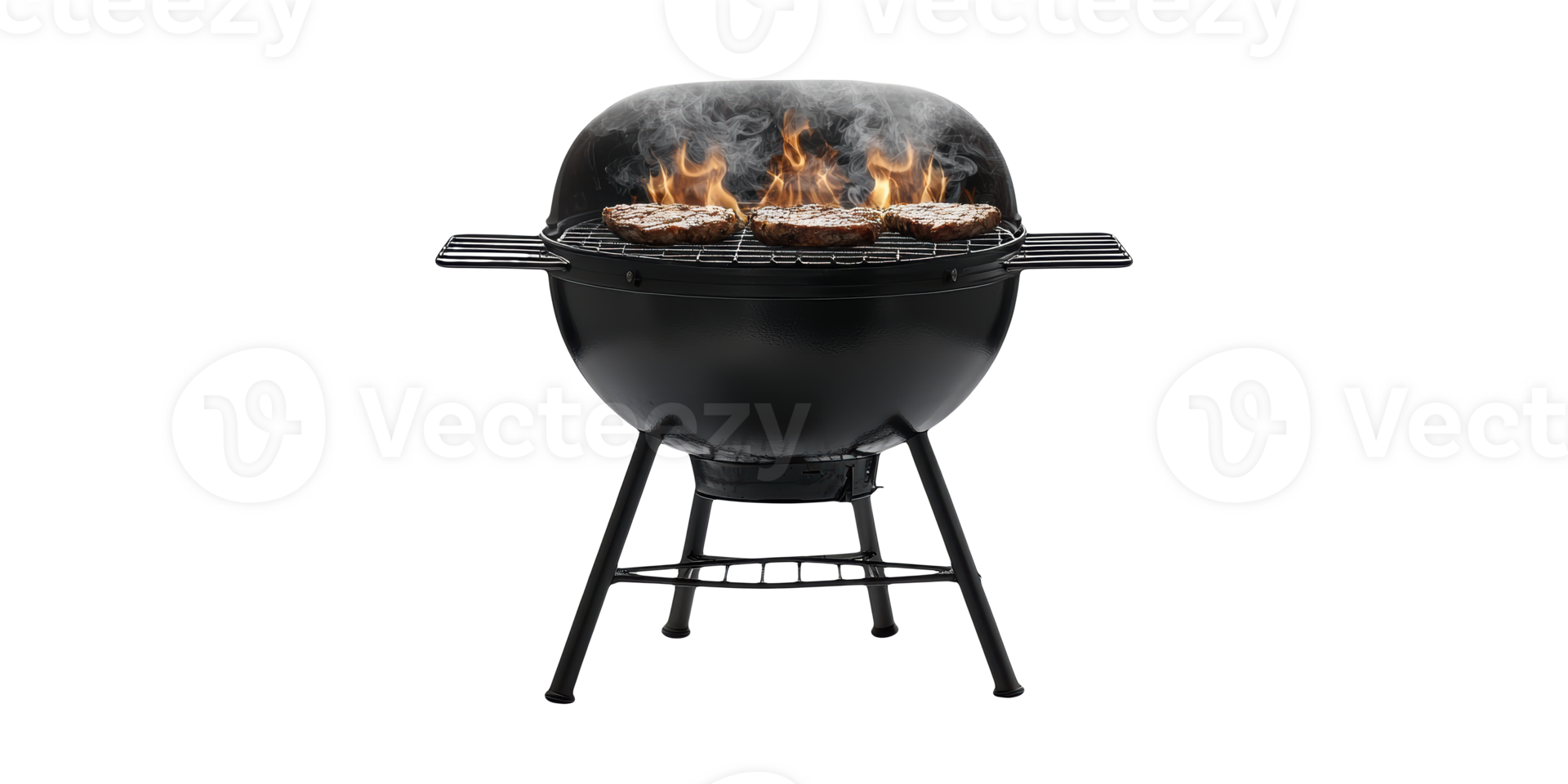 Black charcoal grill with steaks on fire isolated on transparent background png