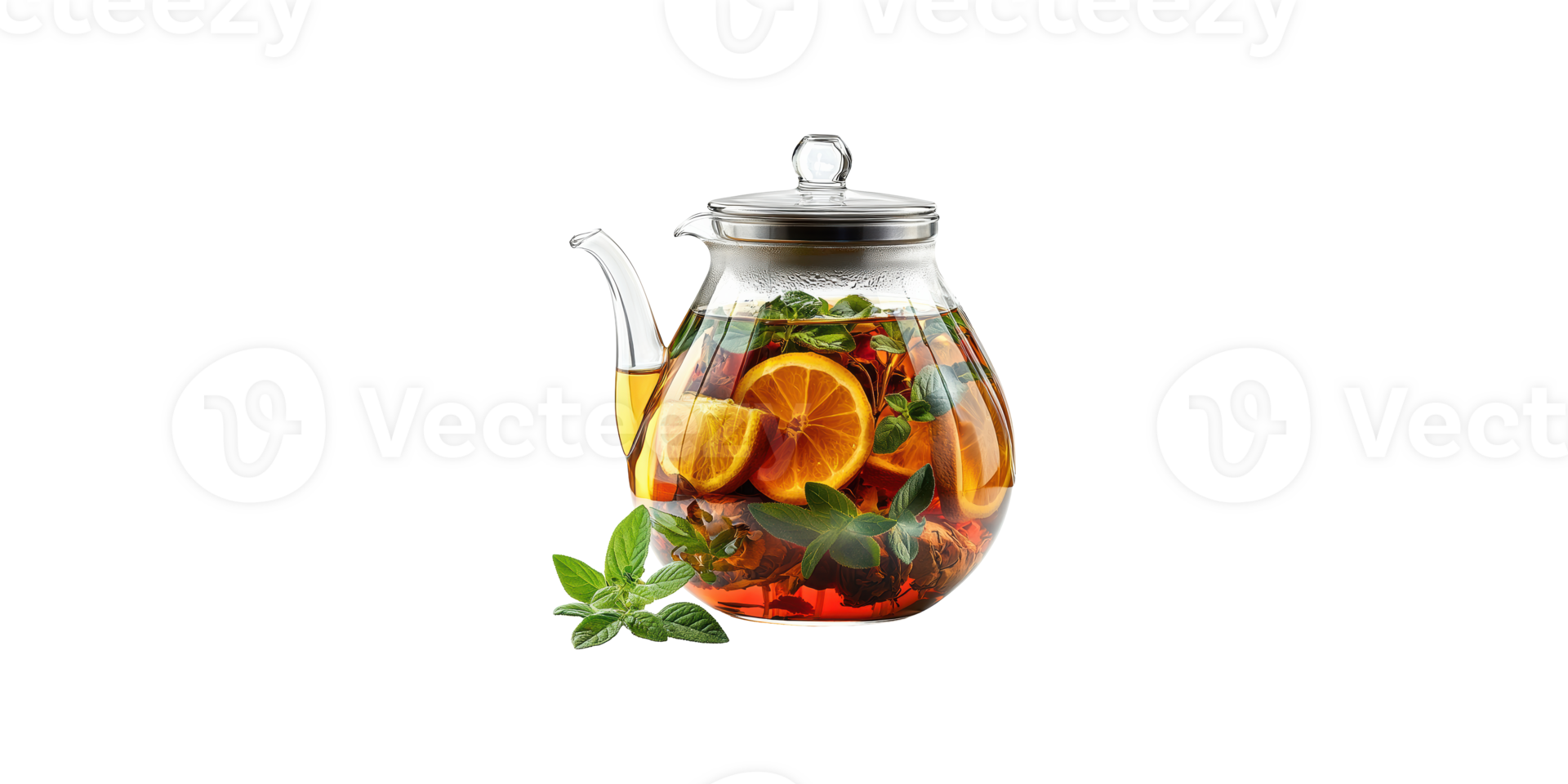 Glass teapot with lemon and mint infused tea isolated on transparent background png