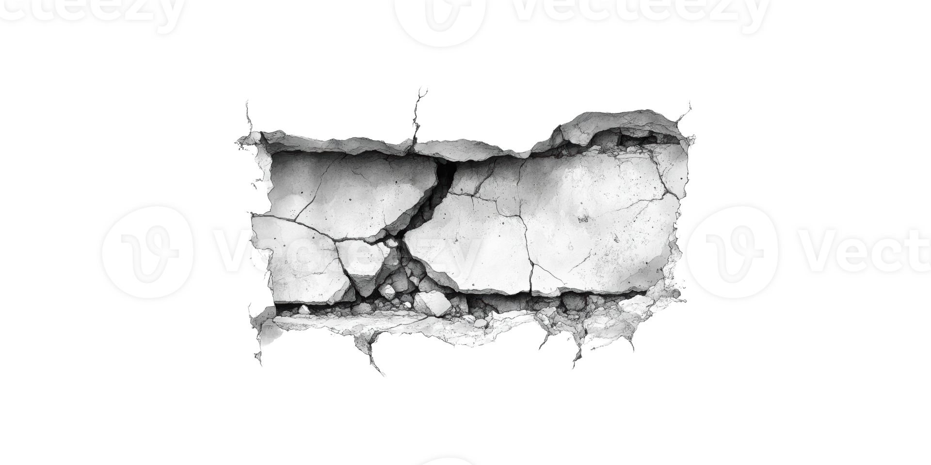 Cracked concrete wall fragment isolated on transparent background png