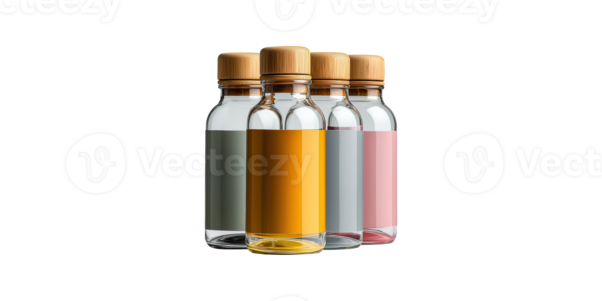 Four reusable glass bottles with wooden lids isolated on transparent background png