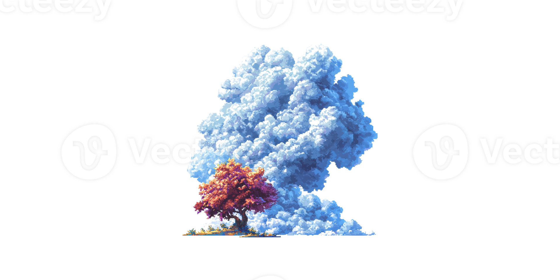 Tree with autumn leaves and large blue cloud isolated on transparent background png