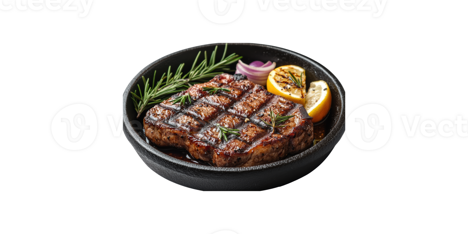 Grilled steak with rosemary and lemon in cast iron pan isolated on transparent background png