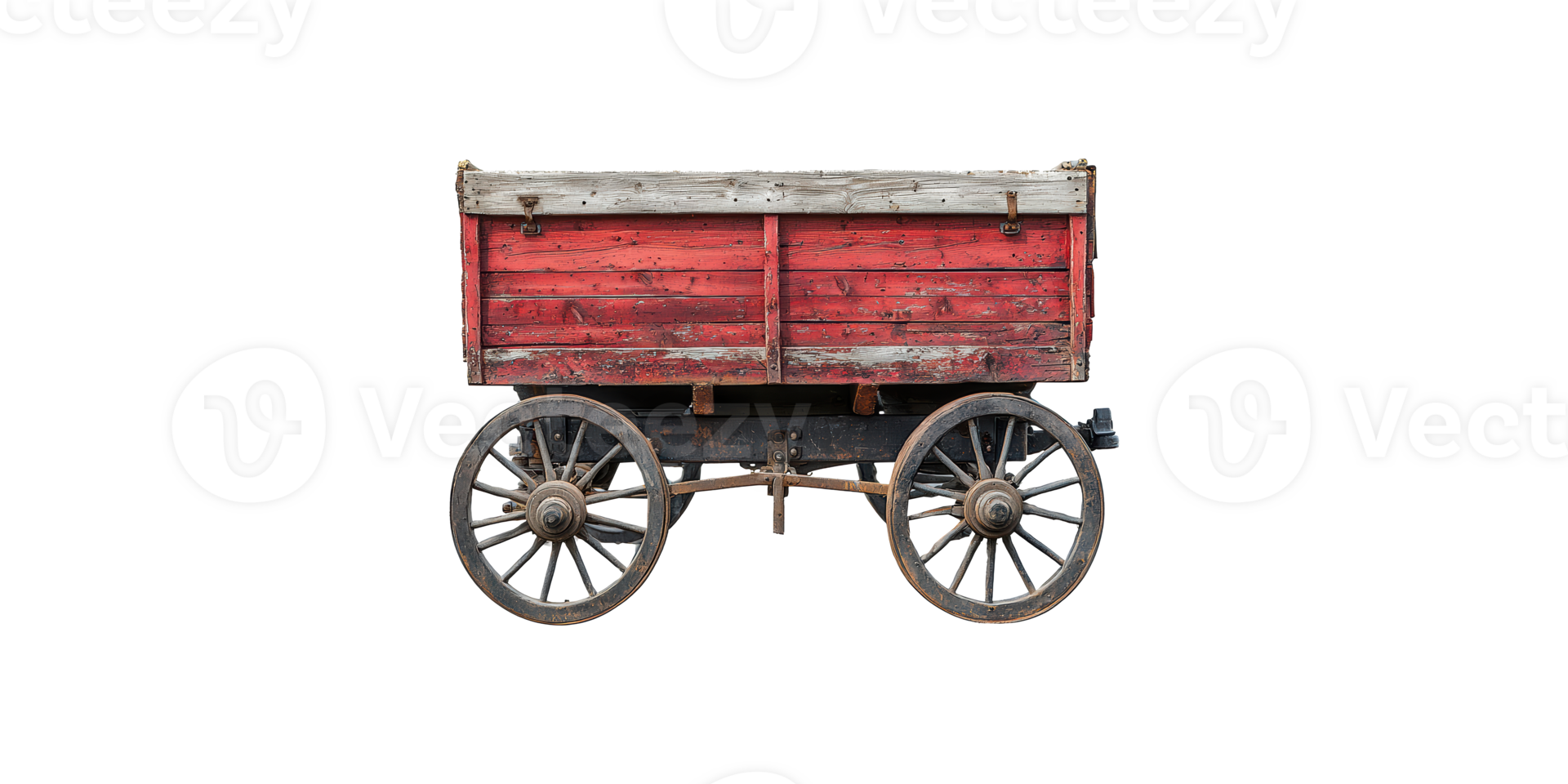 Vintage red wooden wagon with four metal wheels isolated on transparent background png