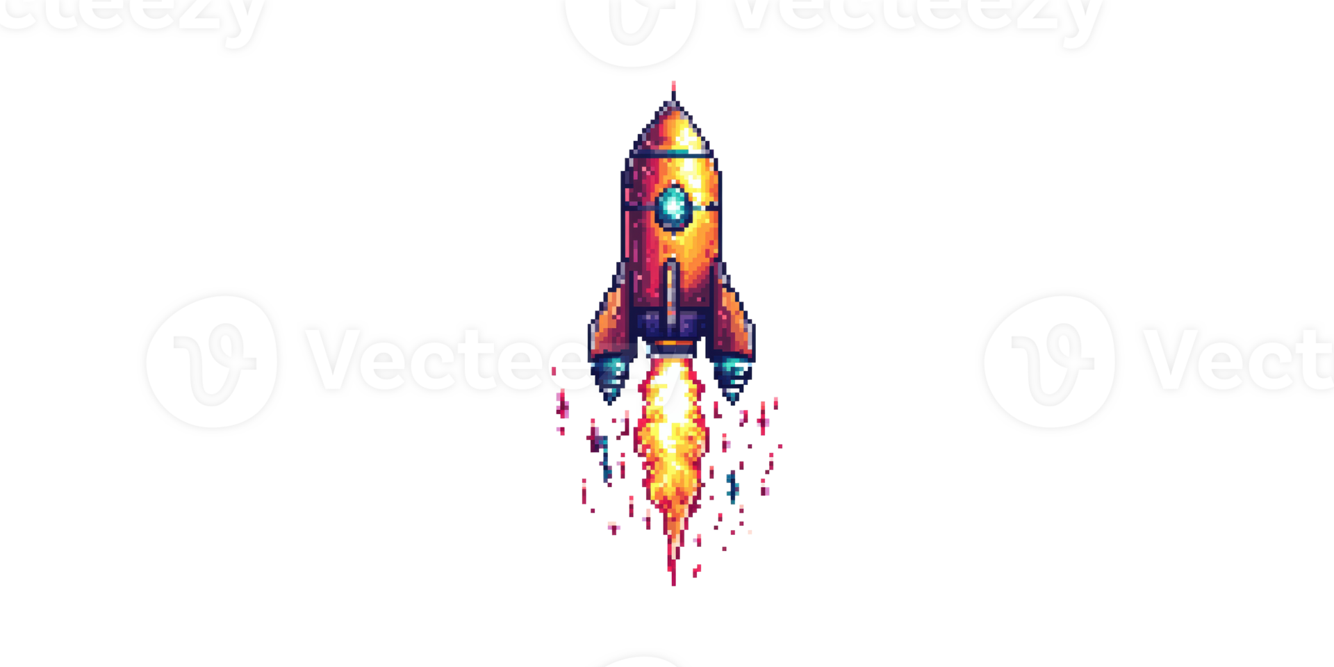 Pixel art rocket launch with flame trail isolated on transparent background png