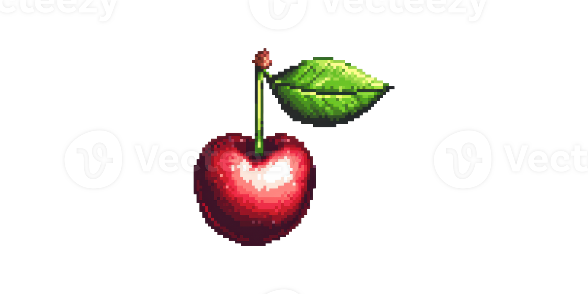 Pixel art red cherry with green leaf isolated on transparent background png