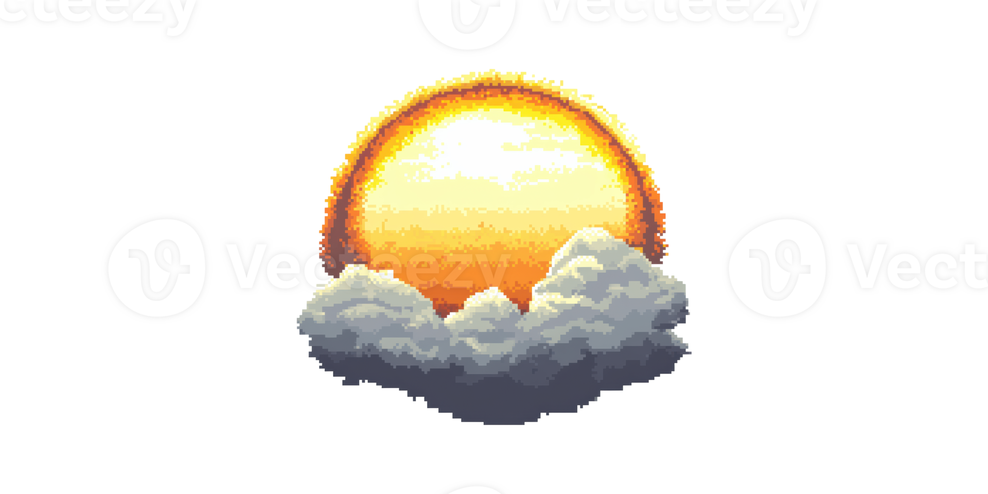 Retro pixel art sun above cloud isolated on transparent background png