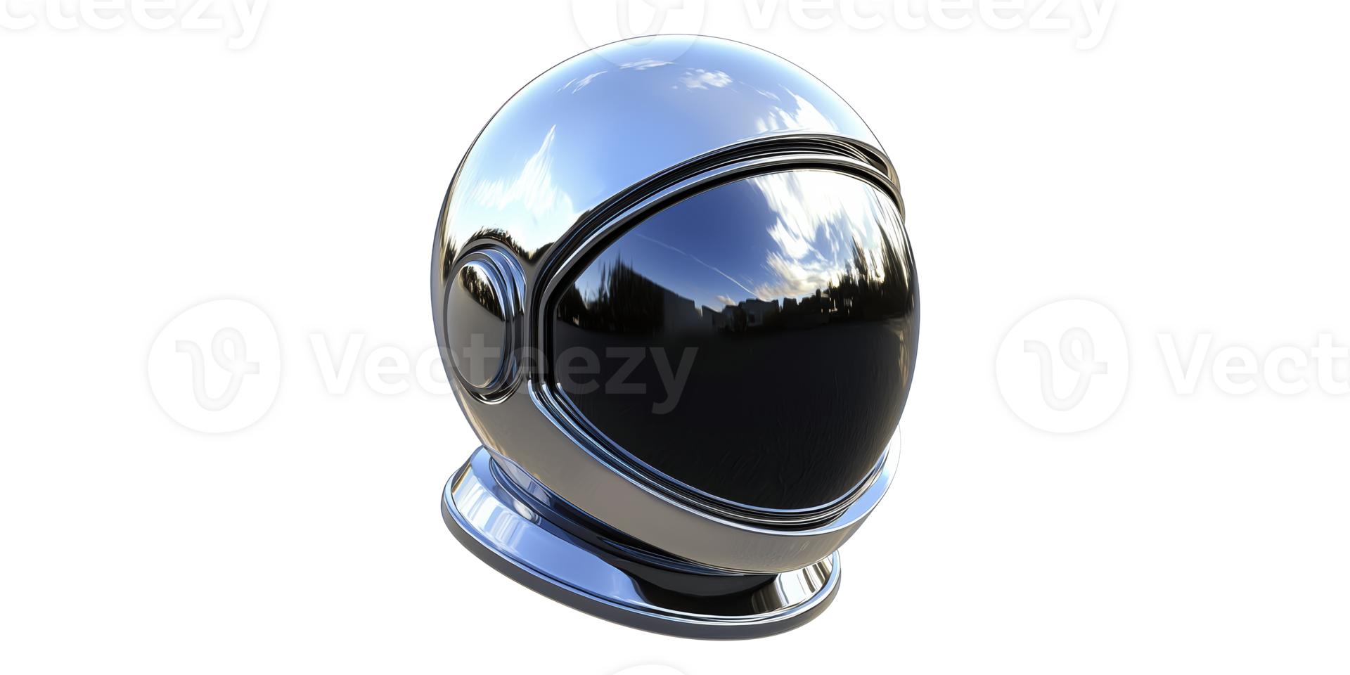 Shiny astronaut helmet reflecting skyline isolated on transparent background png