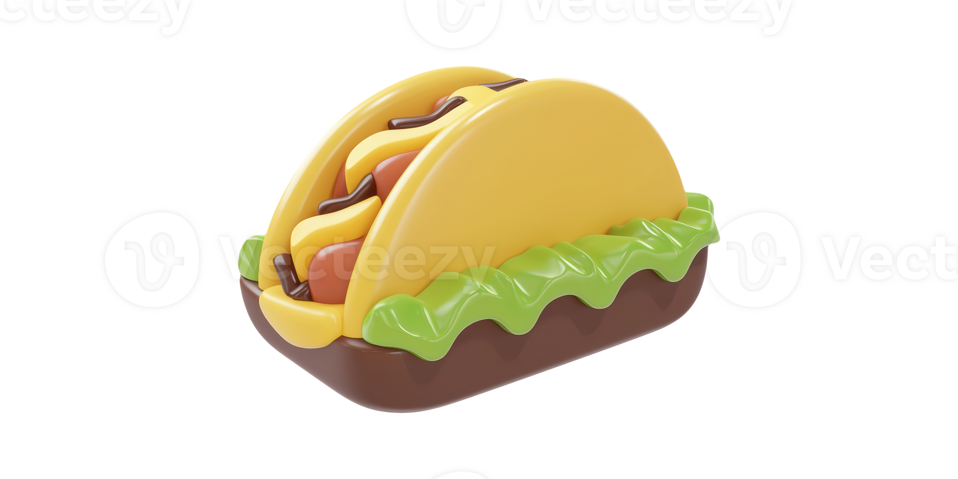 Taco-shaped toy figure with lettuce and sausage isolated on transparent background png