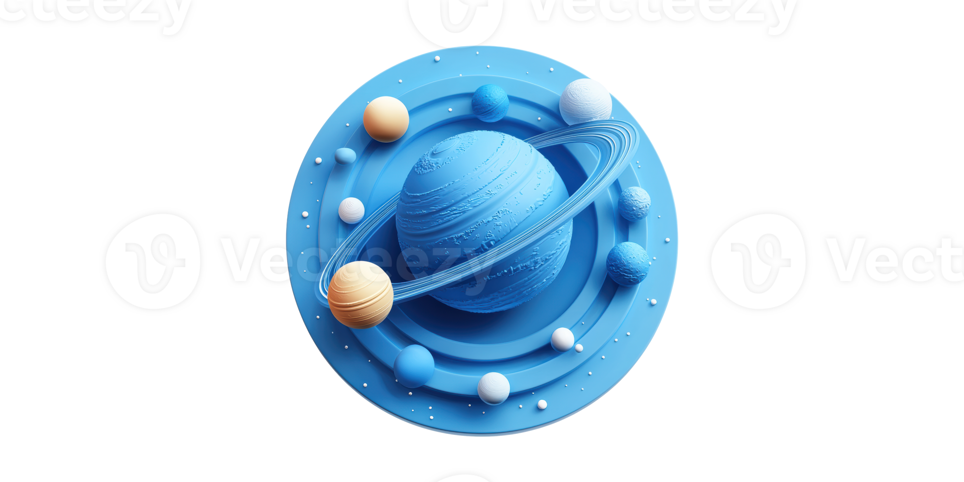 Blue model of a planet with rings and moons isolated on transparent background png