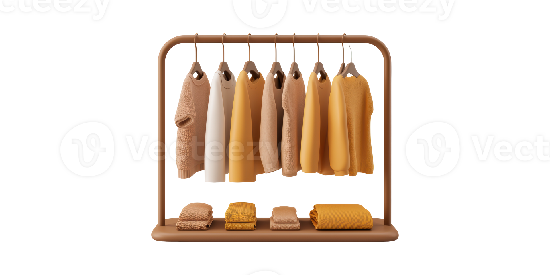 Clothing rack with brown and beige sweaters isolated on transparent background png