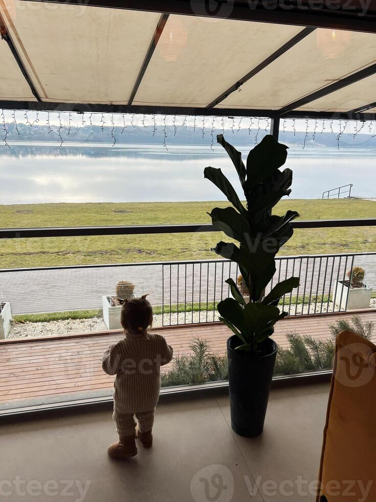Child looking outside through a large window overlooking a calm lakeside photo