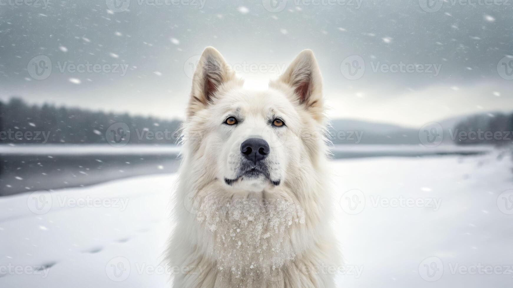 Soft majestic dog in snowy serenity by the calm river nature photography winter wonderland peaceful scene photo