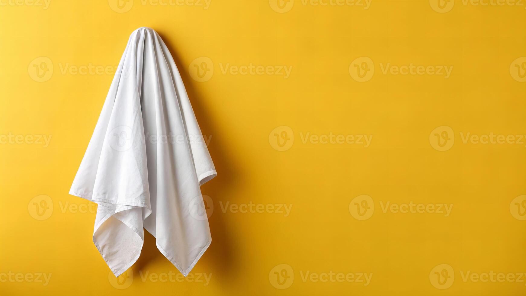 Death of a white cloth shaped like a ghost against a yellow wall in a minimalist setting photo