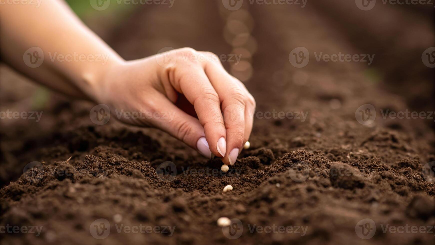 Gentle planting of seeds farm field close-up image natural environment hand viewpoint growth concept photo
