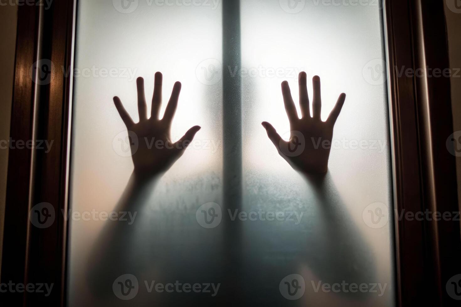 Eerie encounter with death ghostly hands press against frosted glass indoor setting haunting atmosphere photo