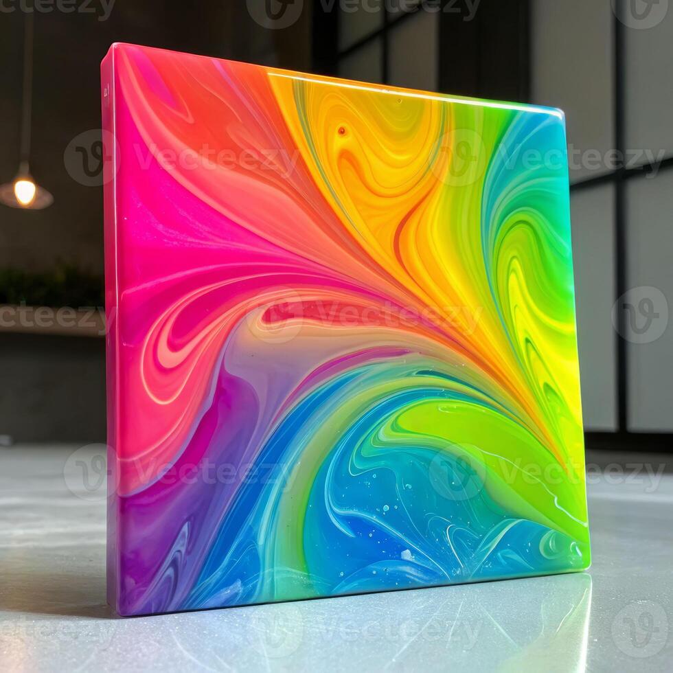Colorful abstract glossy resin art with fluid shapes merging in contemporary studio environment for material inspiration photo