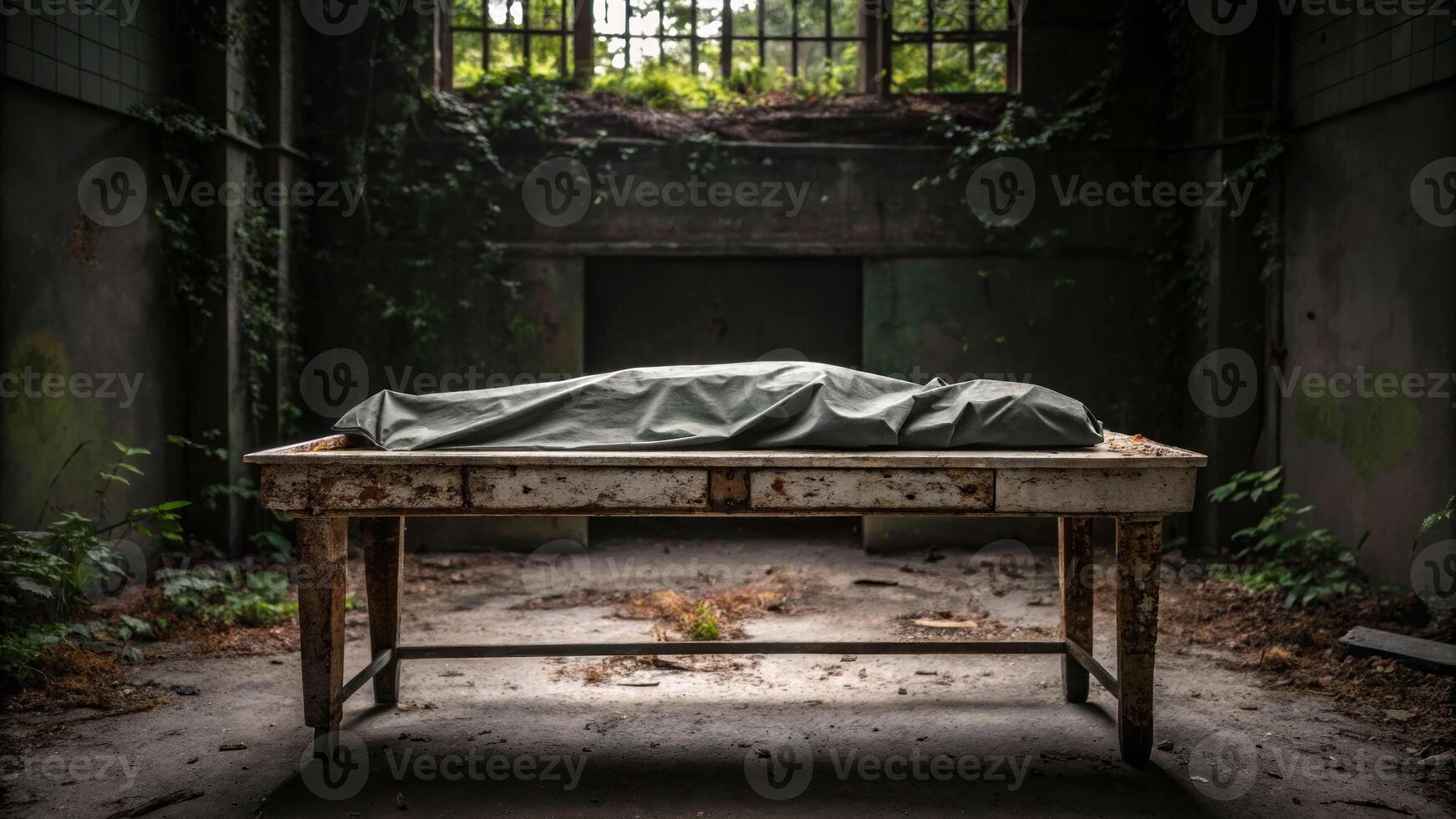 Death on a dilapidated table abandoned location gruesome scene overgrown environment eerie viewpoint photo