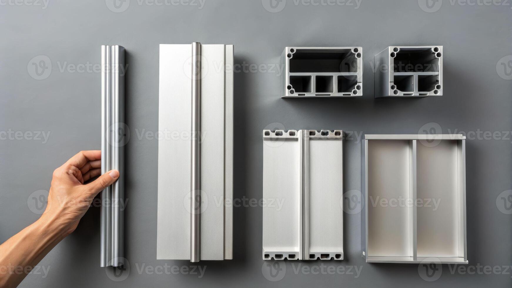 Exploring aluminum profiles hand interaction with material on gray background industrial photography creative perspective photo