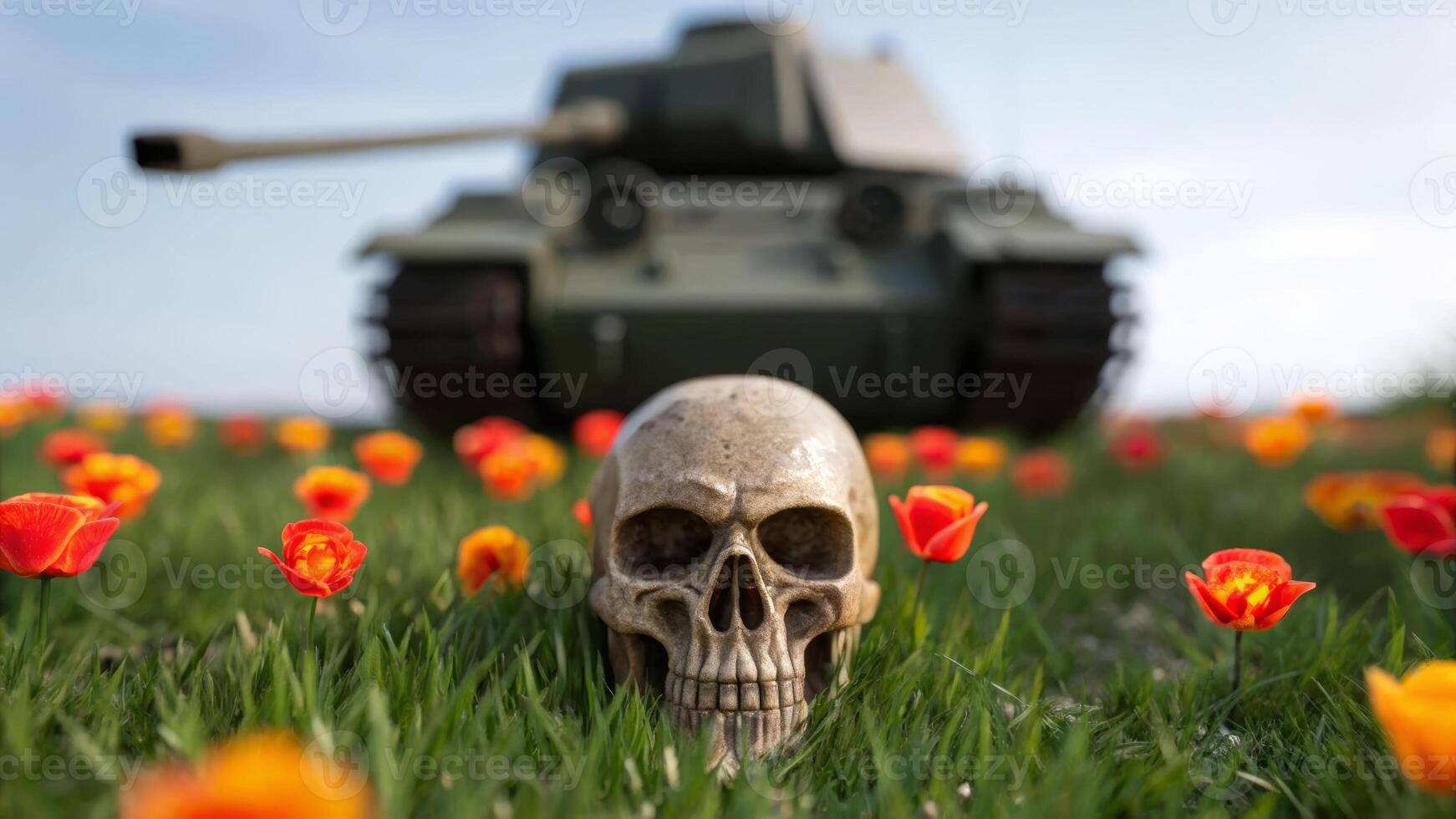 Death and remembrance a weathered skull amidst vibrant poppies near a tank in a battlefield landscape photo