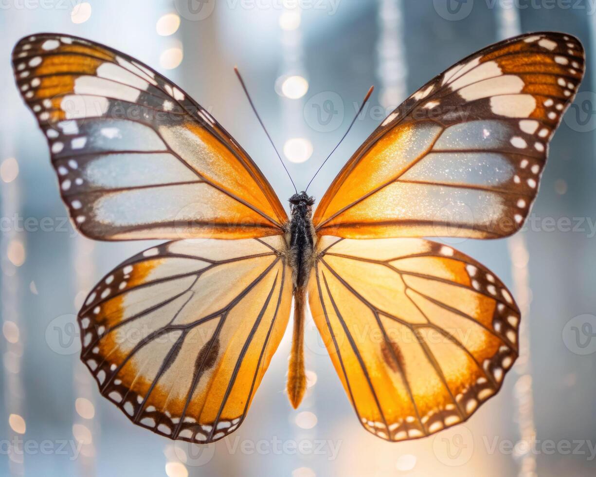 Resin-encased butterfly wings suspended in clear material natural light macro photography artistic environment photo