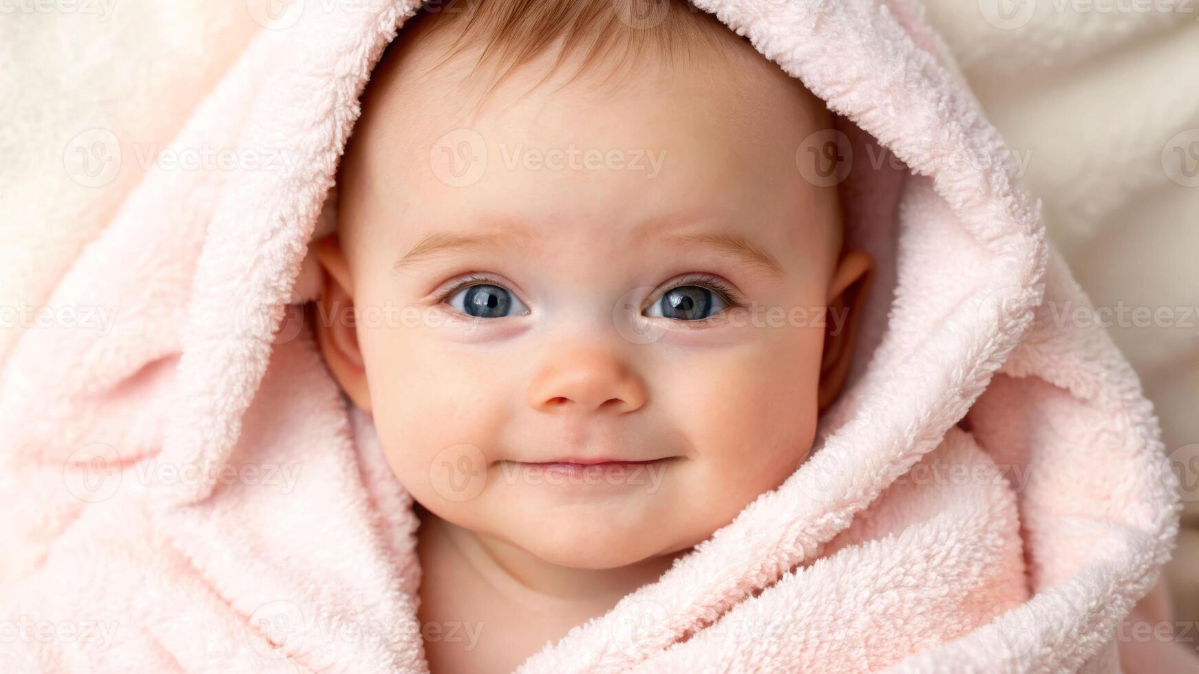 Soft smiles of an adorable baby wrapped in a cozy pink blanket indoor setting close-up portrait photo