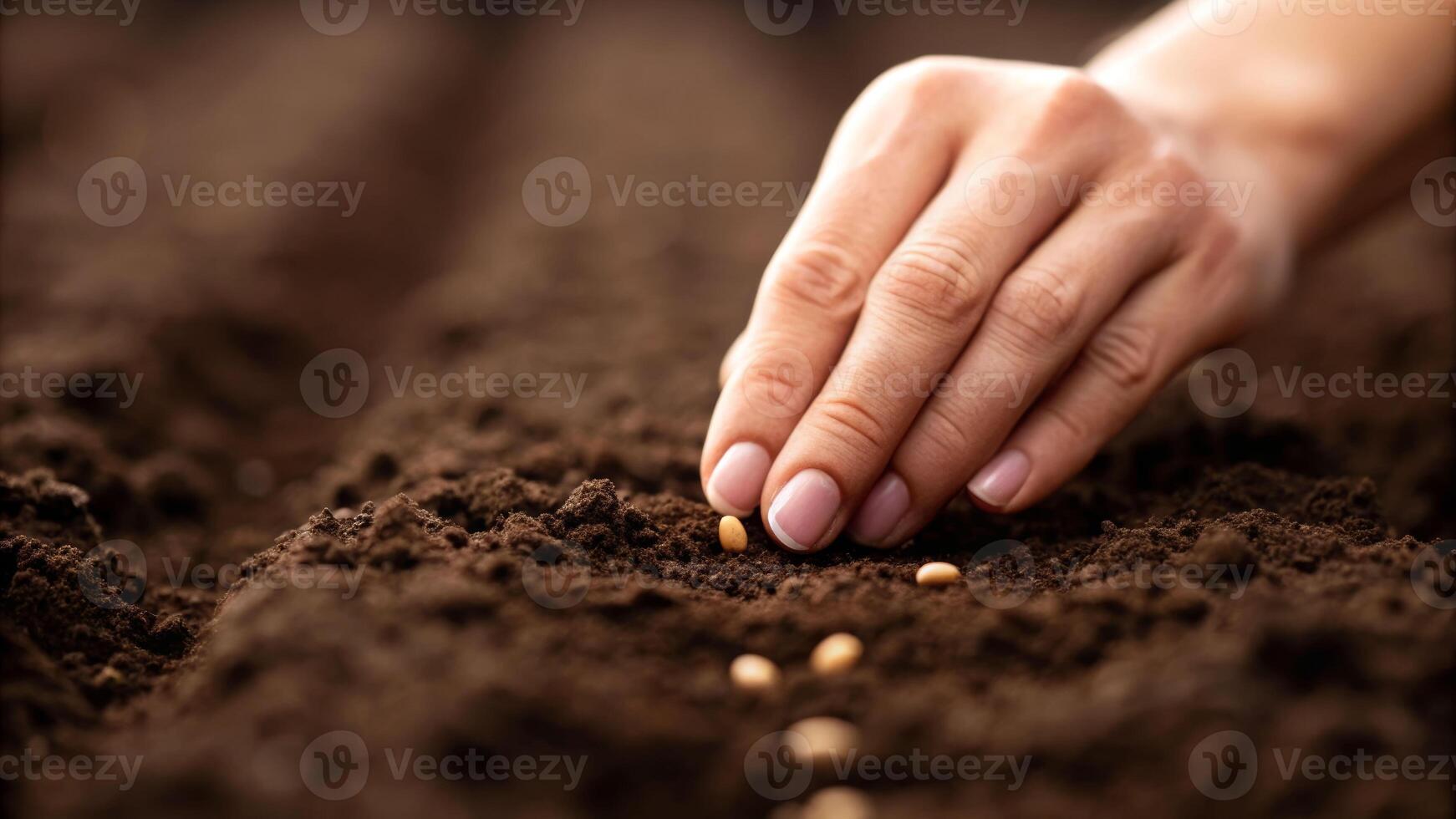 Gentle hand planting seeds in soil garden close-up view natural environment growth concept photo