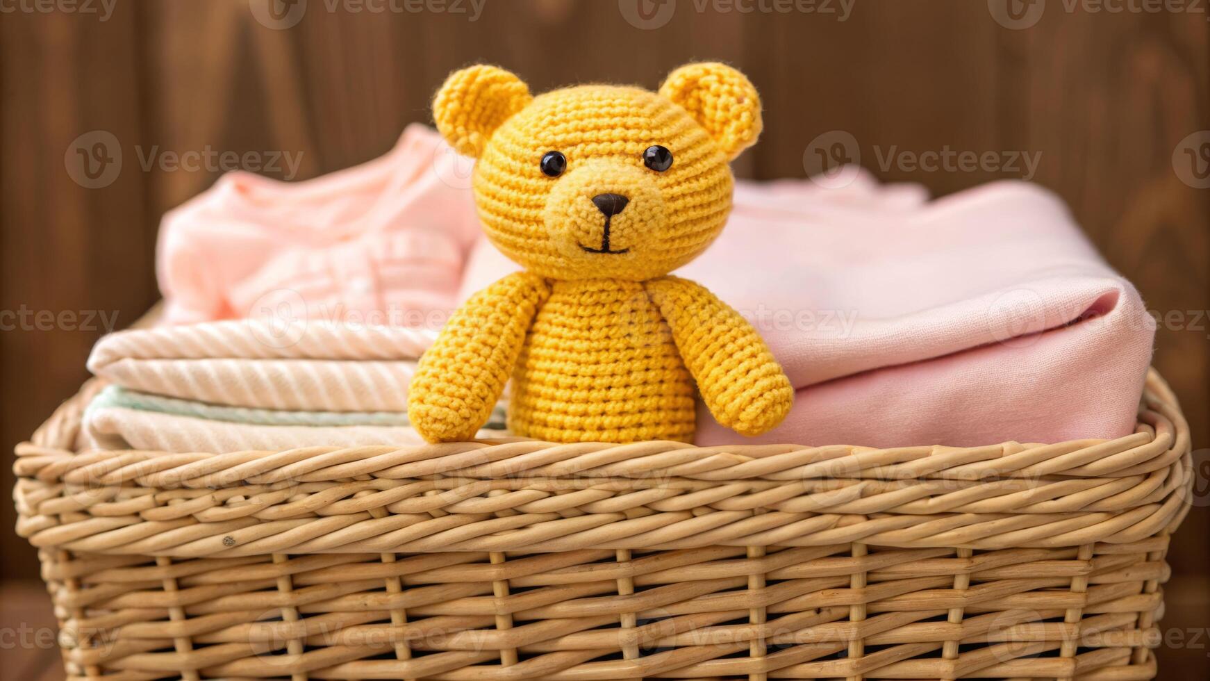 Soft toy bear in a wicker basket cozy nursery setting close-up view warm and inviting atmosphere photo