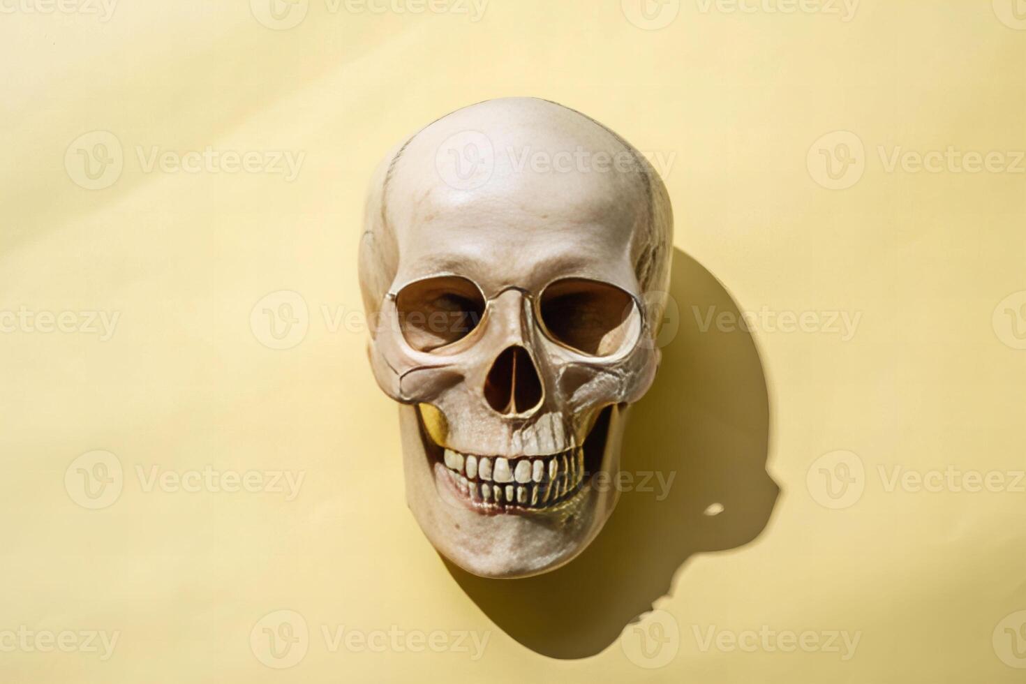 Exploring death high angle close-up view of a human skull neutral background scientific study concept of mortality photo