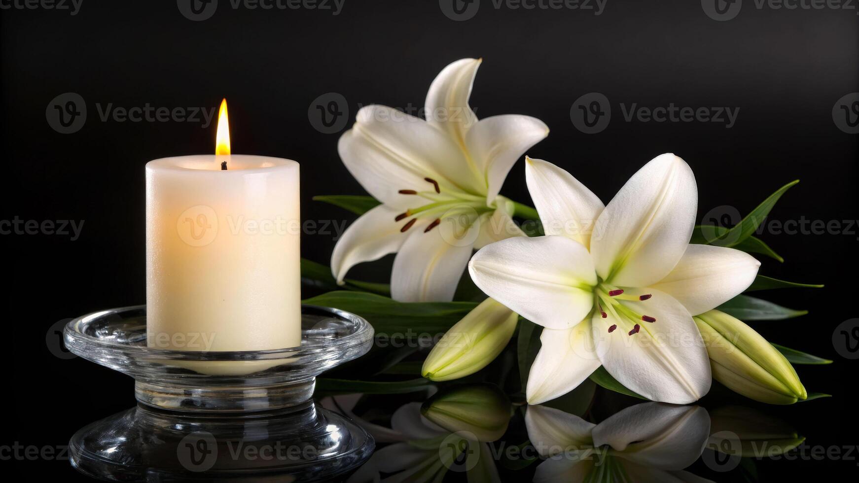Candlelit remembrance of death with white lilies intimate setting still life reflective mood photo