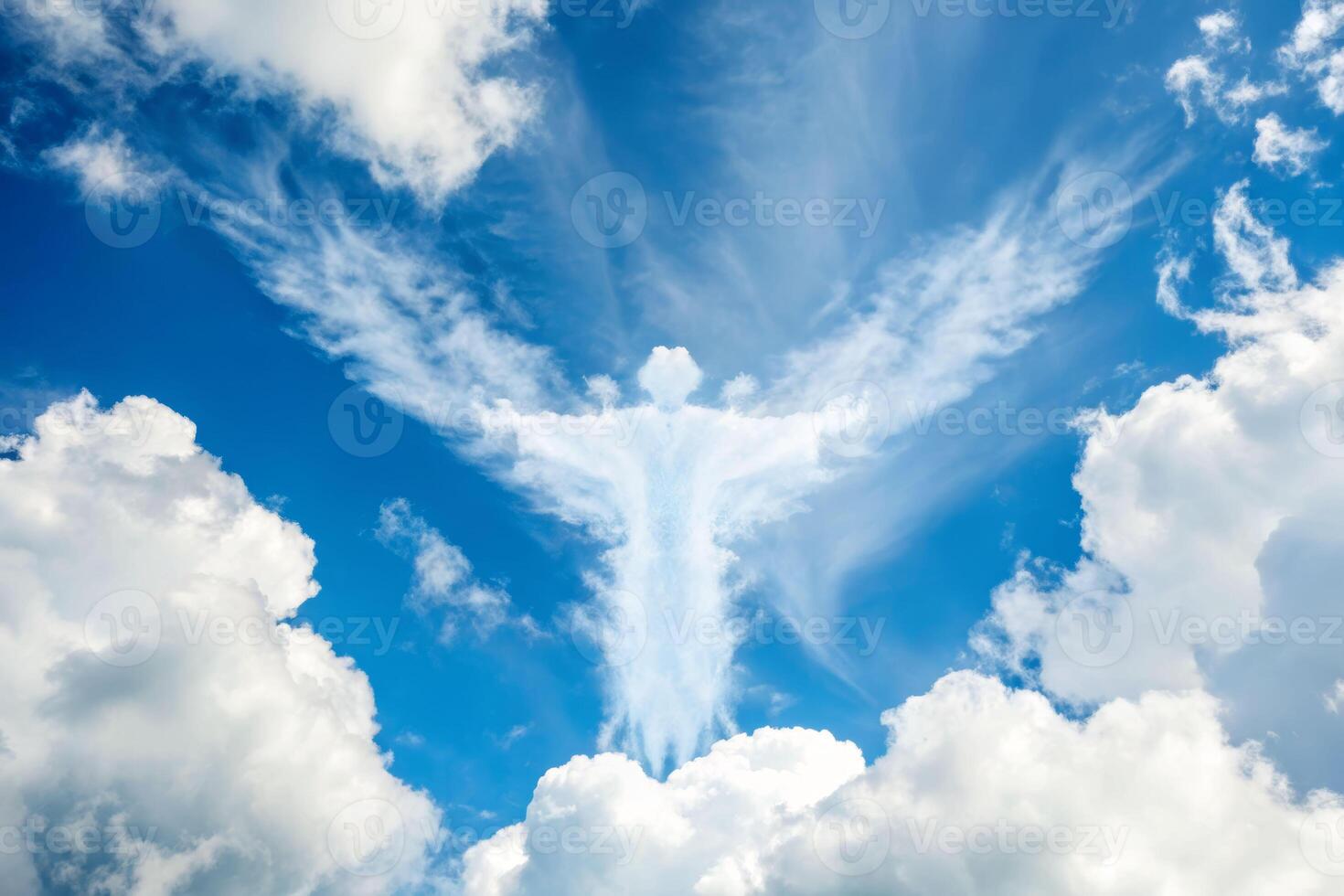 Angel figure formed by wispy clouds symbolizing death open sky nature photography serene environment aerial view photo