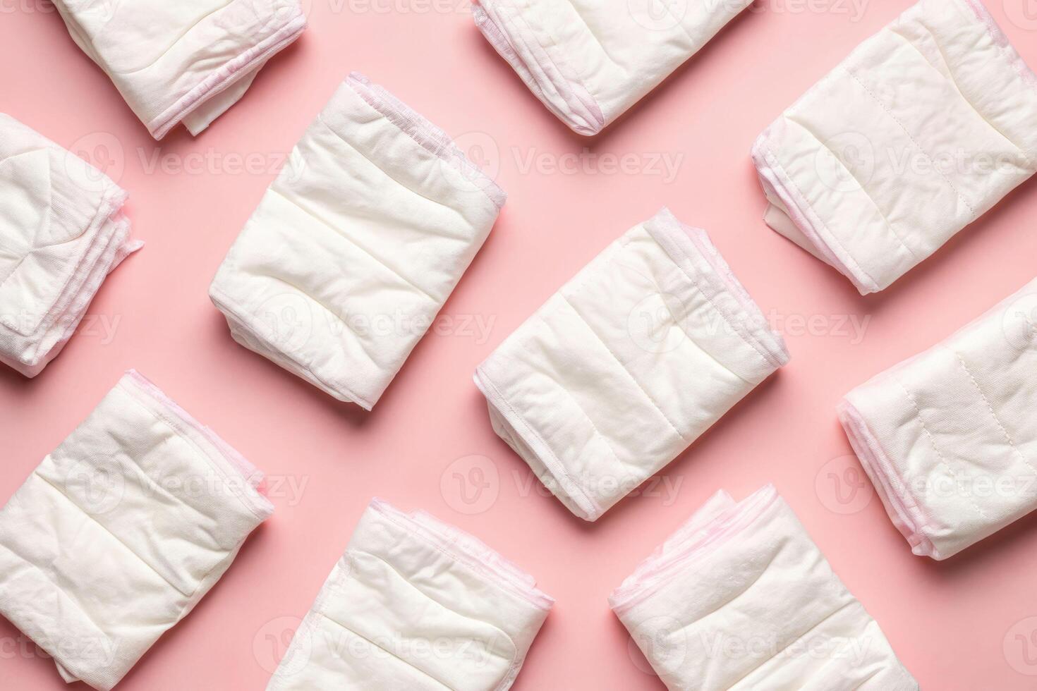Soft unfolded baby diapers high angle close-up view pink background soft texture gentle environment photo