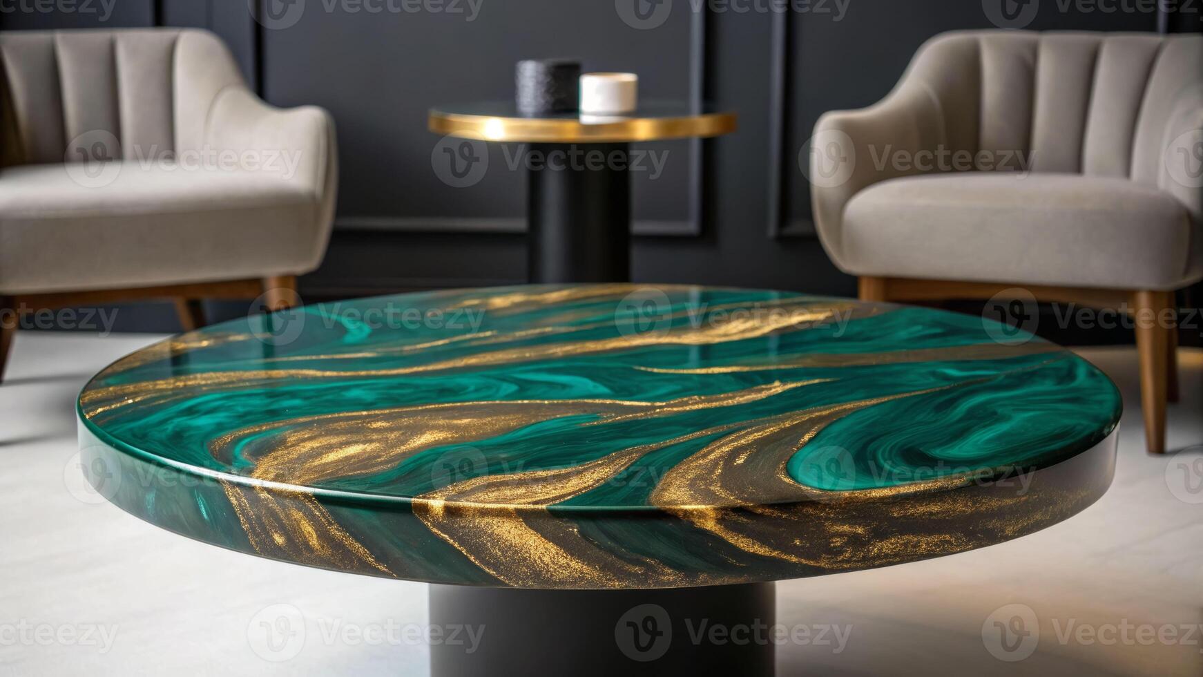 Elegant resin coffee table with swirling metallic design modern living room interior decor contemporary environment photo