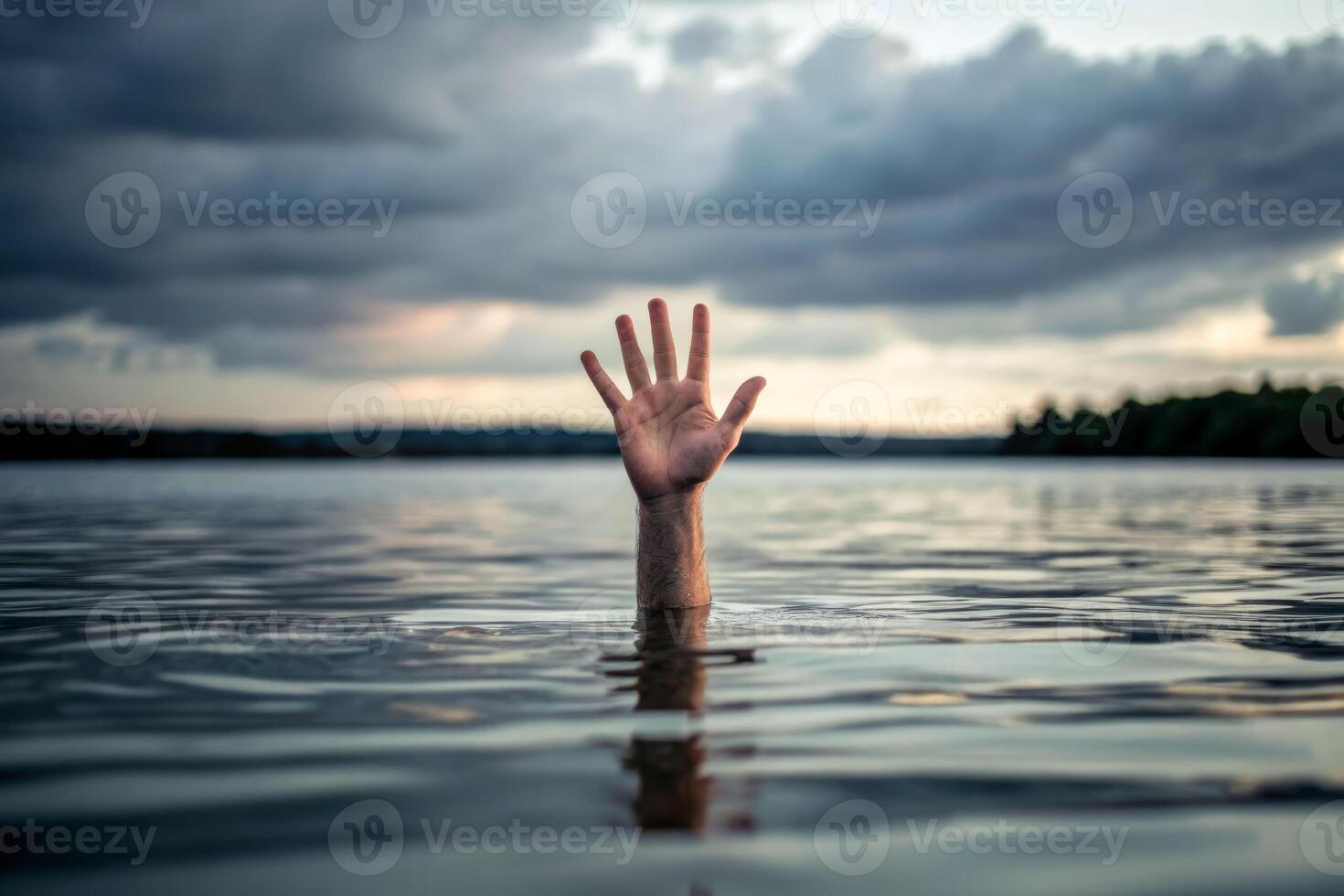 Desperate struggle for survival against death lake shore emotional scene dusk low angle photo