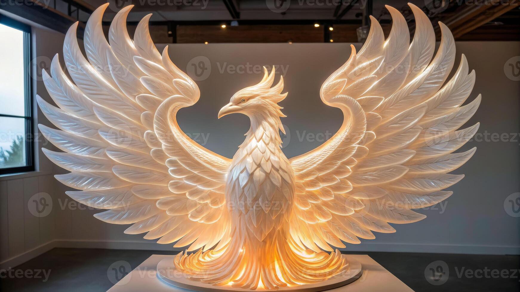 Translucent resin sculpture of a mythical phoenix art gallery modern artwork illuminated environment artistic viewpoint material inspiration photo