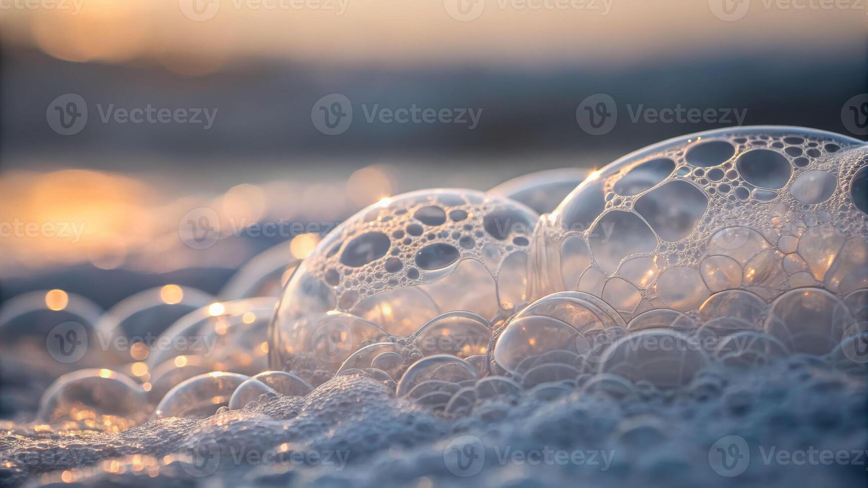 Floating bubbles in soft light seaside natural material tranquil environment close-up view airy foam structure with intricate details photo