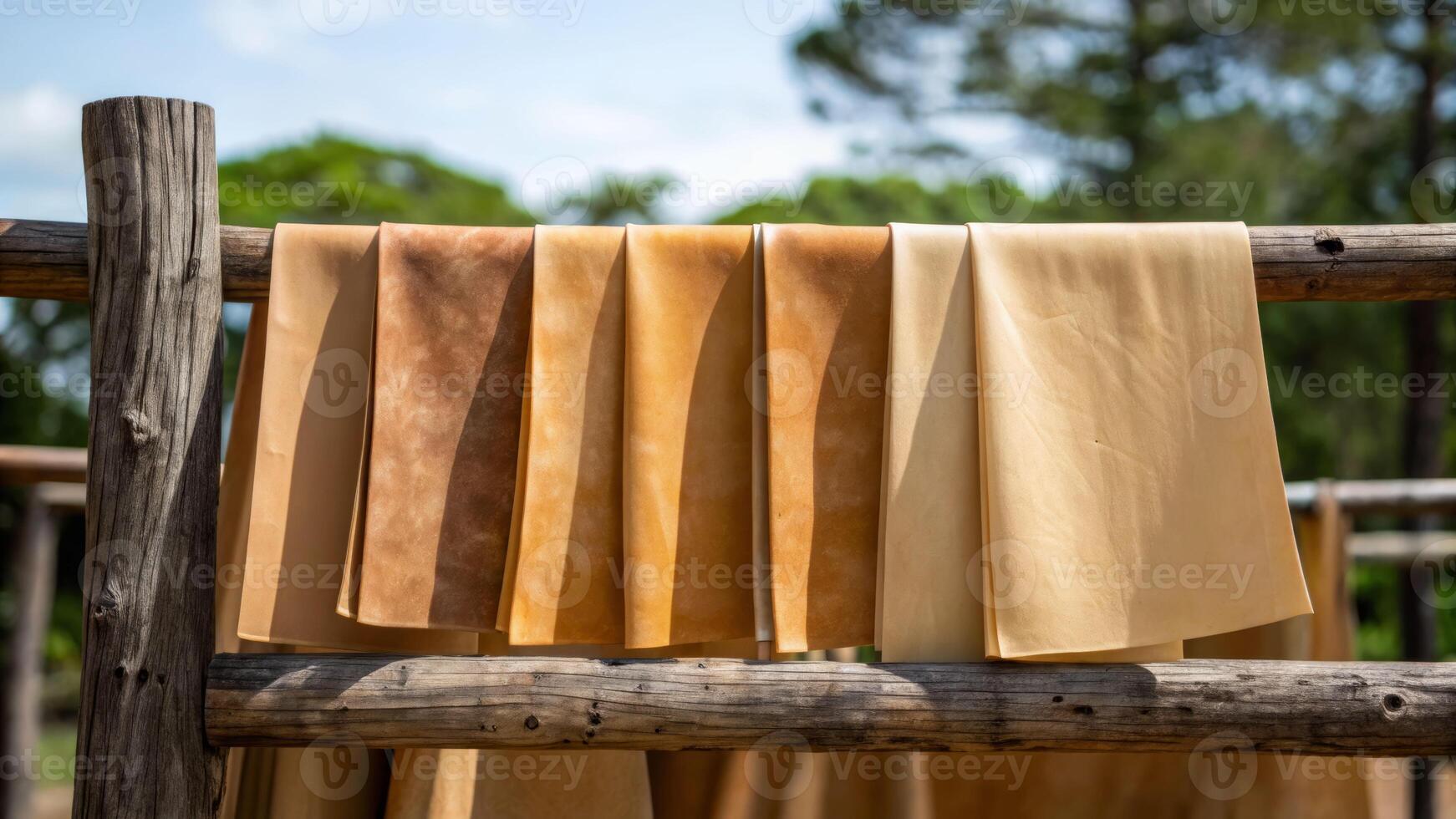 Natural material textiles drying outdoors rustic setting close-up view of sheets on wooden rack photo