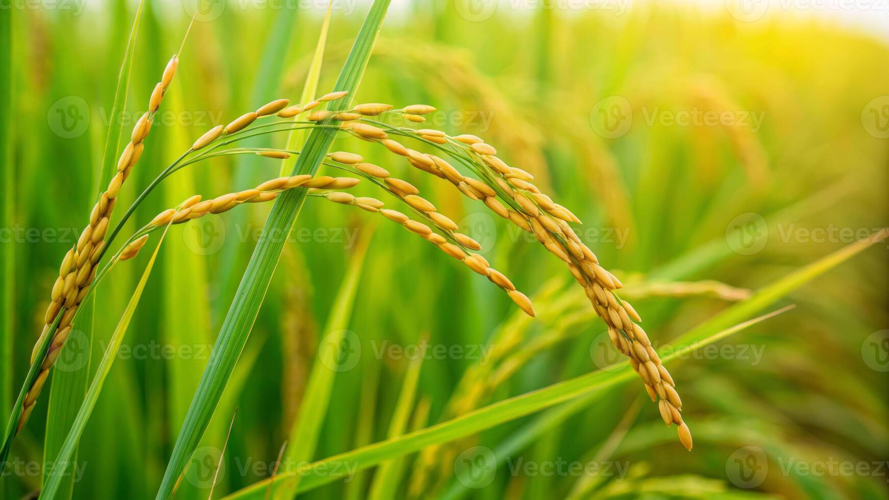 Harvesting golden rice seeds close-up view of a paddy field in nature capturing growth and abundance photo