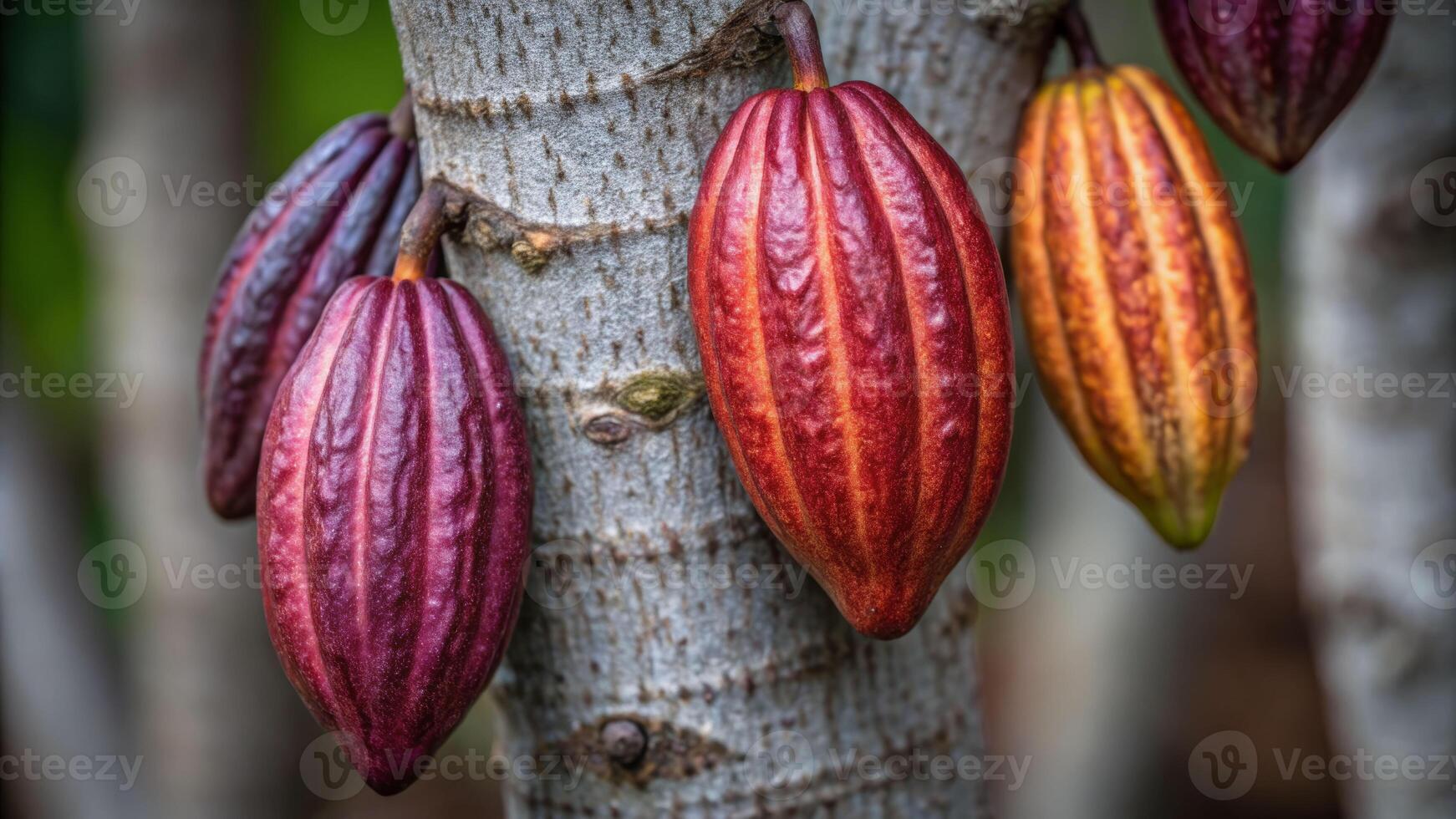 Close-up view of cocoa pods growing on a cocoa tree garden in tropical environment nature photography seed concept photo