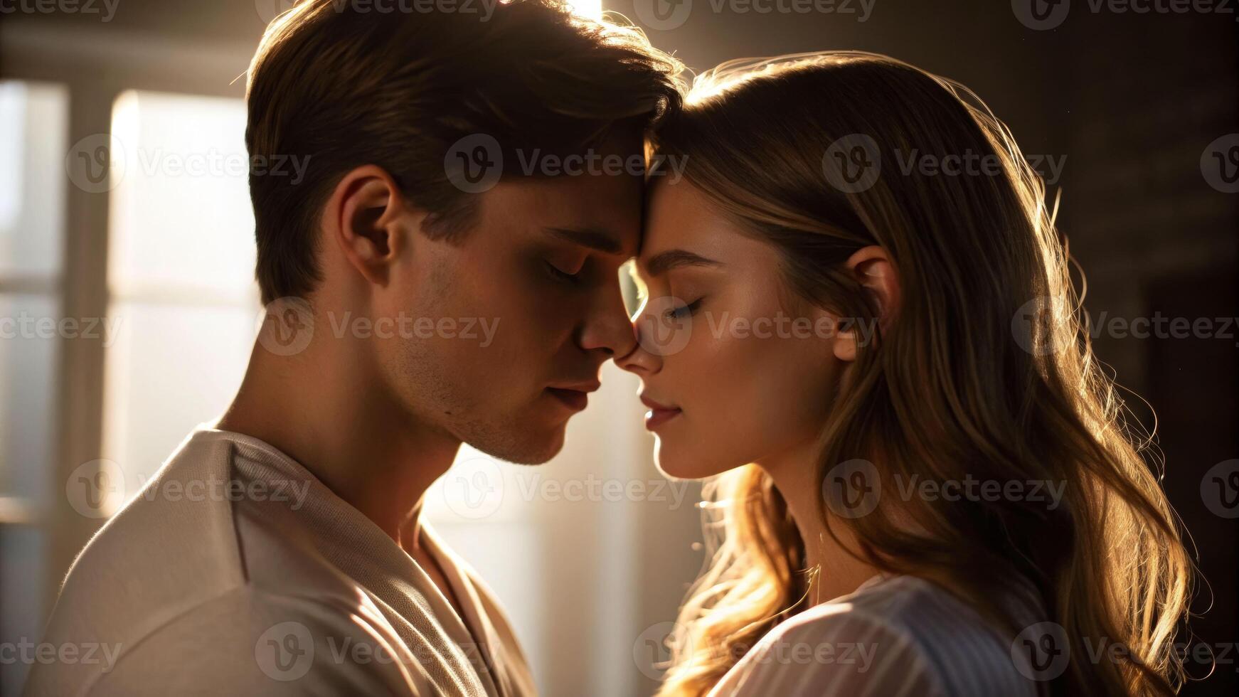 Soft moments of affection between young lovers in intimate setting capturing the essence of love warm light photo
