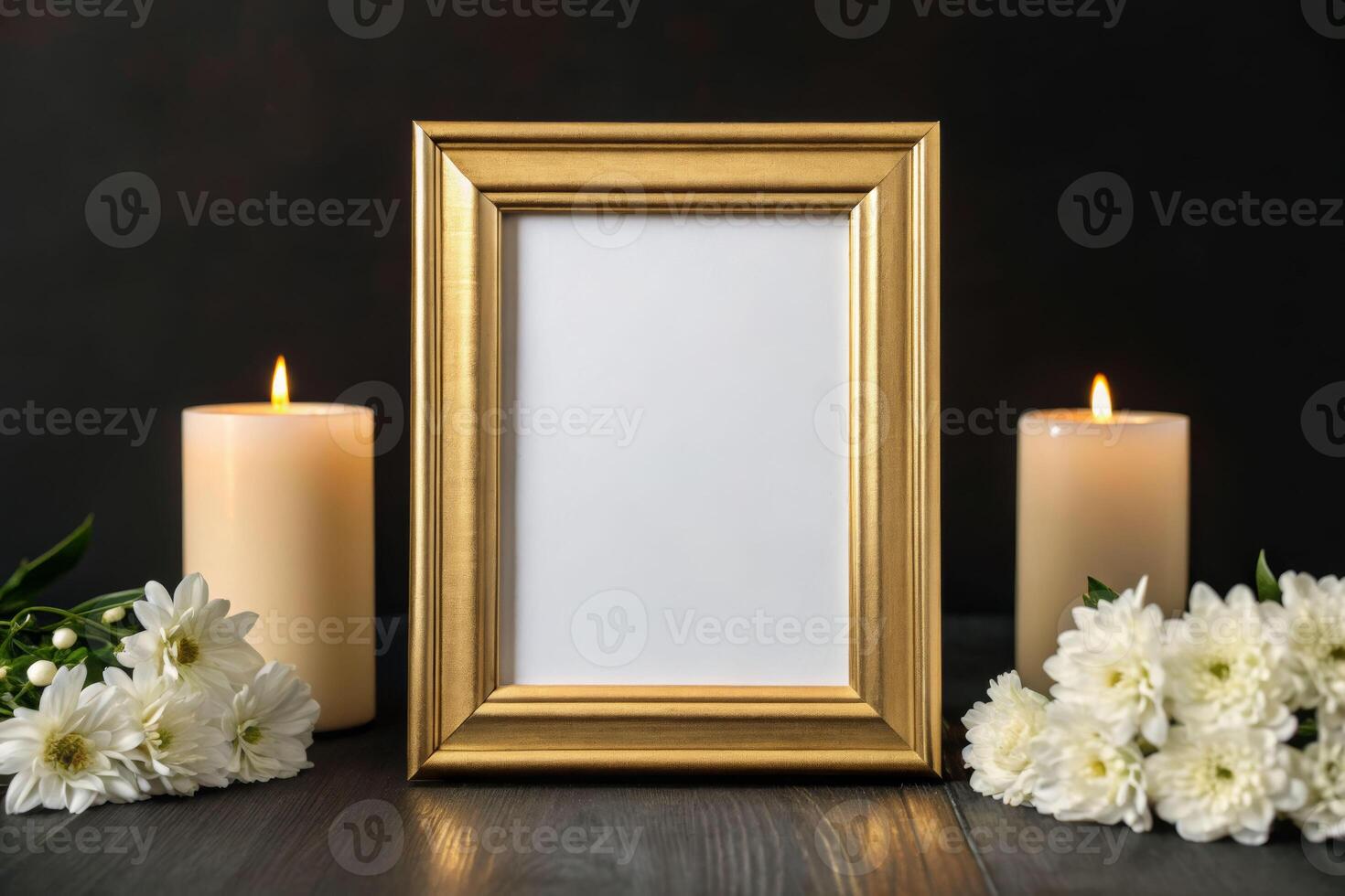 Remembrance of death a blank gold frame beside burning candles floral arrangement intimate setting photo