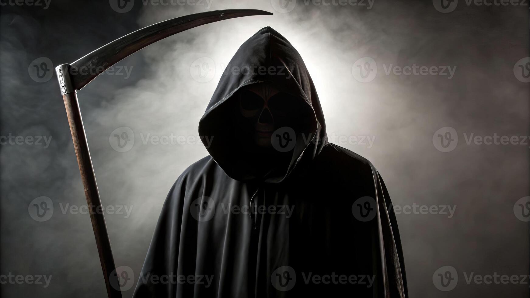Dark moody figure of death in a foggy environment symbolizing mortality and reflection photo