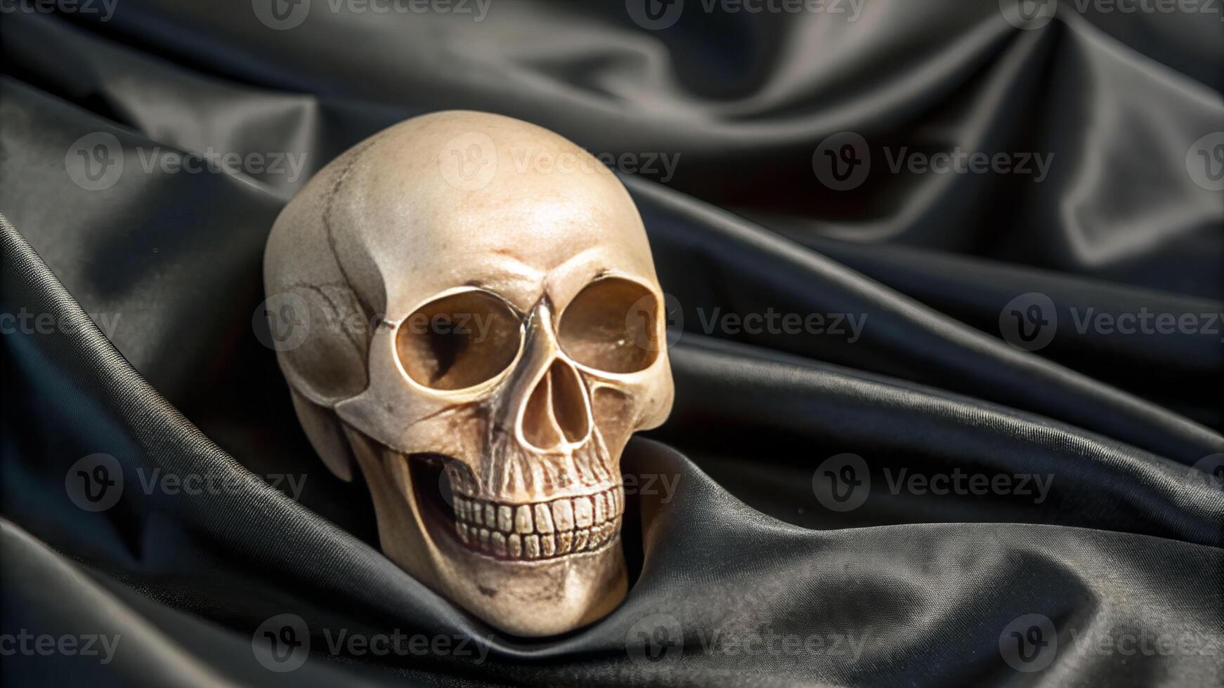 Death symbolized a human skull on dark fabric still life artistic environment close-up perspective photo
