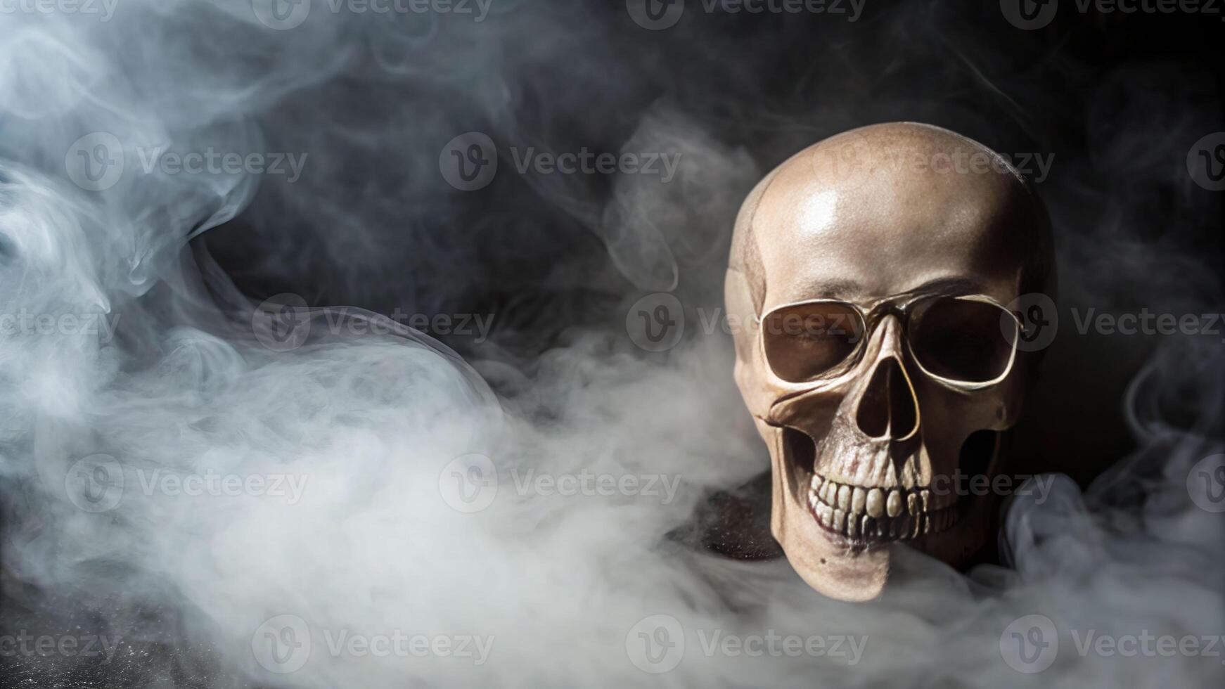 Death symbolism in close-up view of a human skull surrounded by smoke eerie atmosphere dark conceptual photography photo