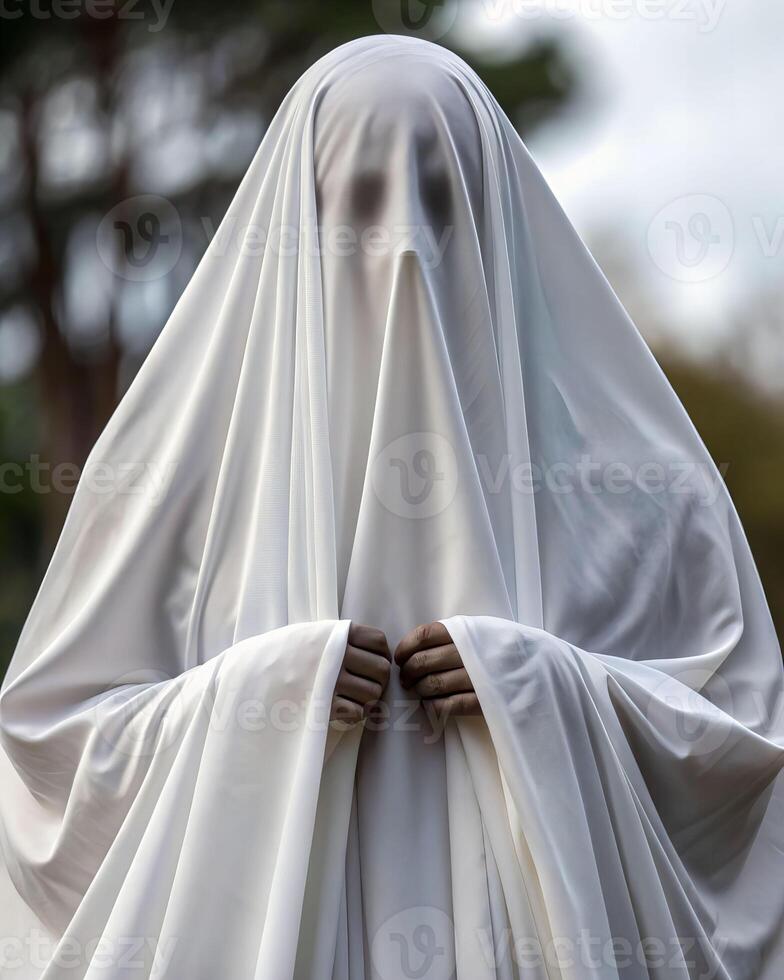 Mysterious figure of death enchanted forest close-up image ethereal environment haunting perspective photo